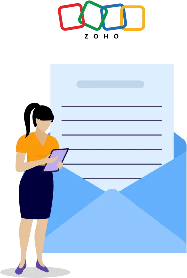 A woman with a pony tail holding a tablet standing next to a large opened envelope with a piece of paper sticking out.